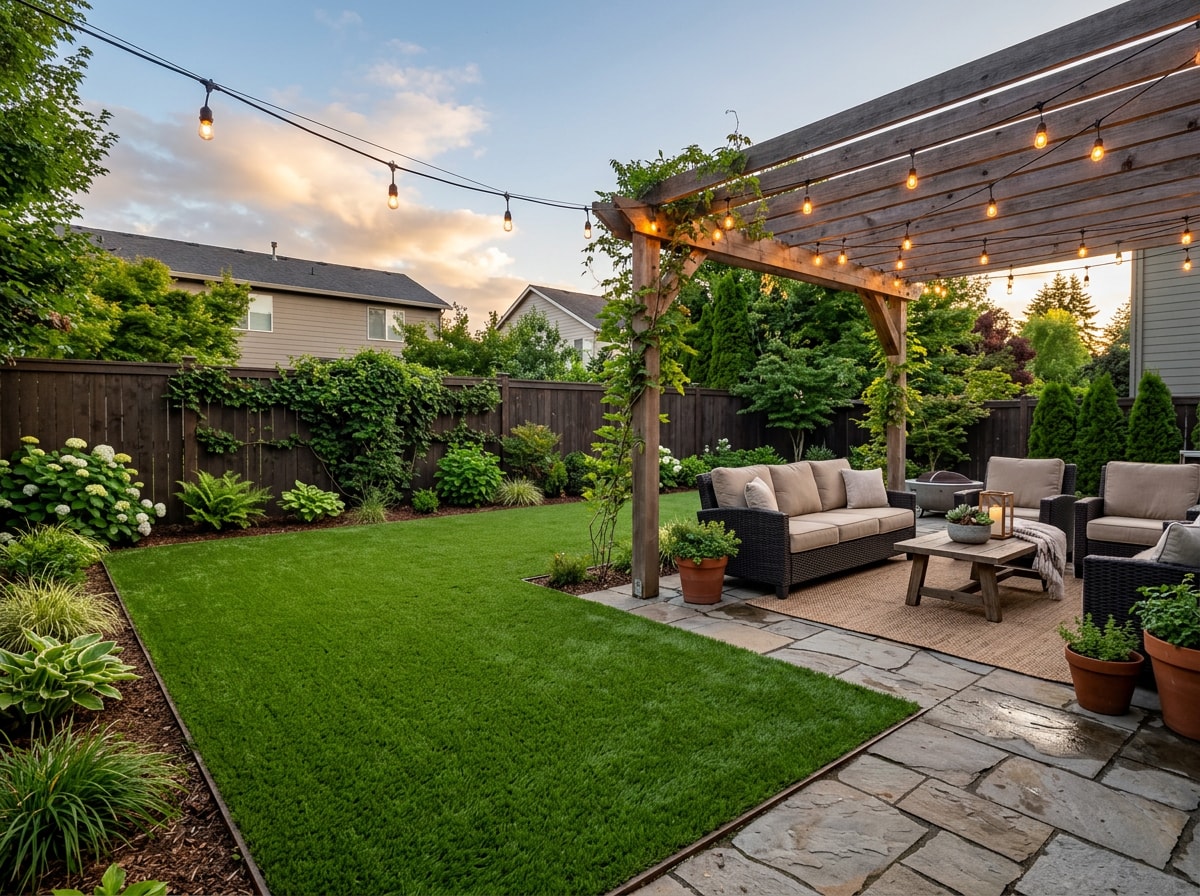 Finished artificial turf lawn and patio area in a Forrest Hills, TN backyard