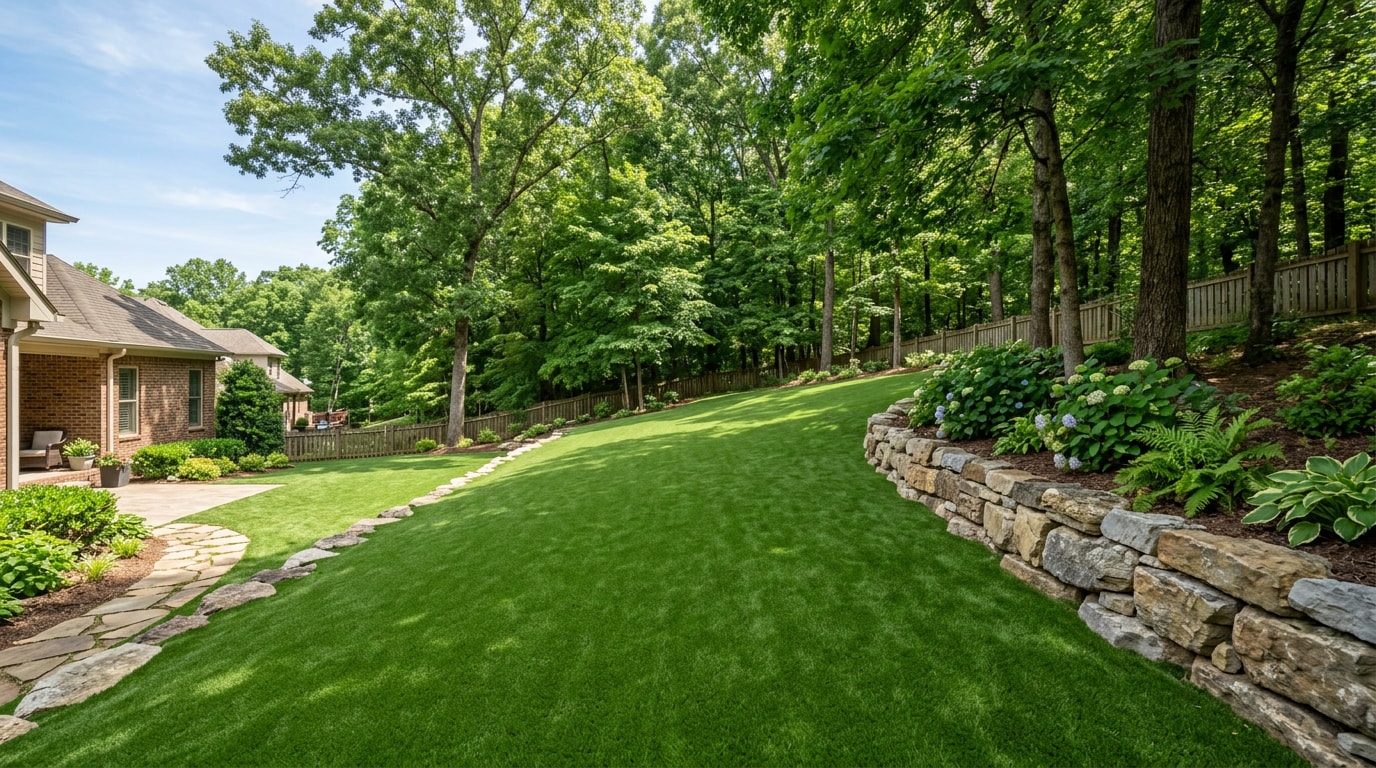 Finished artificial turf lawn on a sloped Forrest Hills, TN property