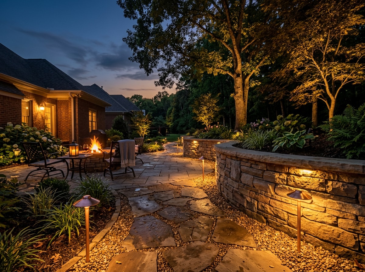 Nolensville backyard patio with layered landscape lighting at dusk