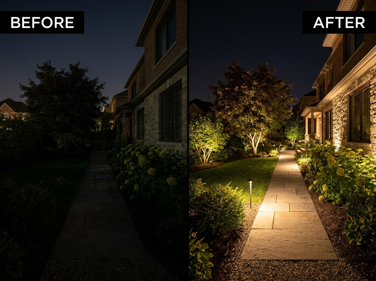 Before and after view of a Nolensville backyard lighting installation