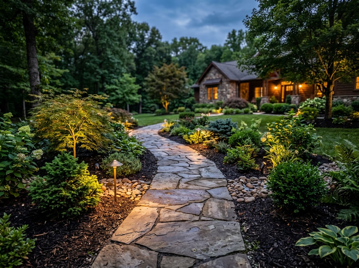 Finished stone walkway and uplit landscaping in a Nolensville backyard