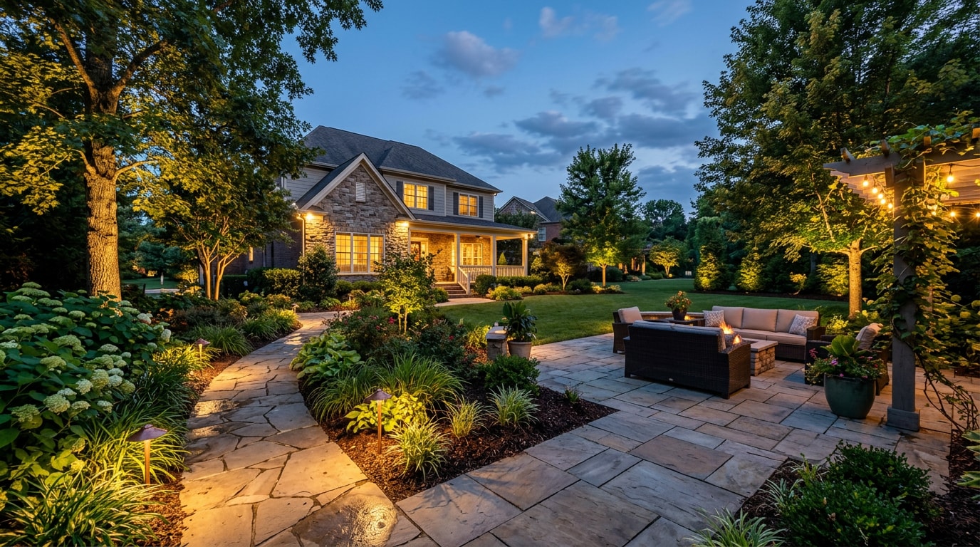 Backyard landscaping with professional lighting design in Nolensville, TN