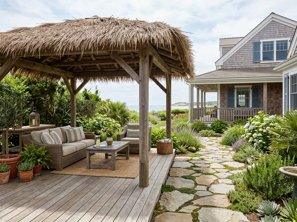 Backyard patio with wood decking and stone pathway in a coastal-inspired beach house design