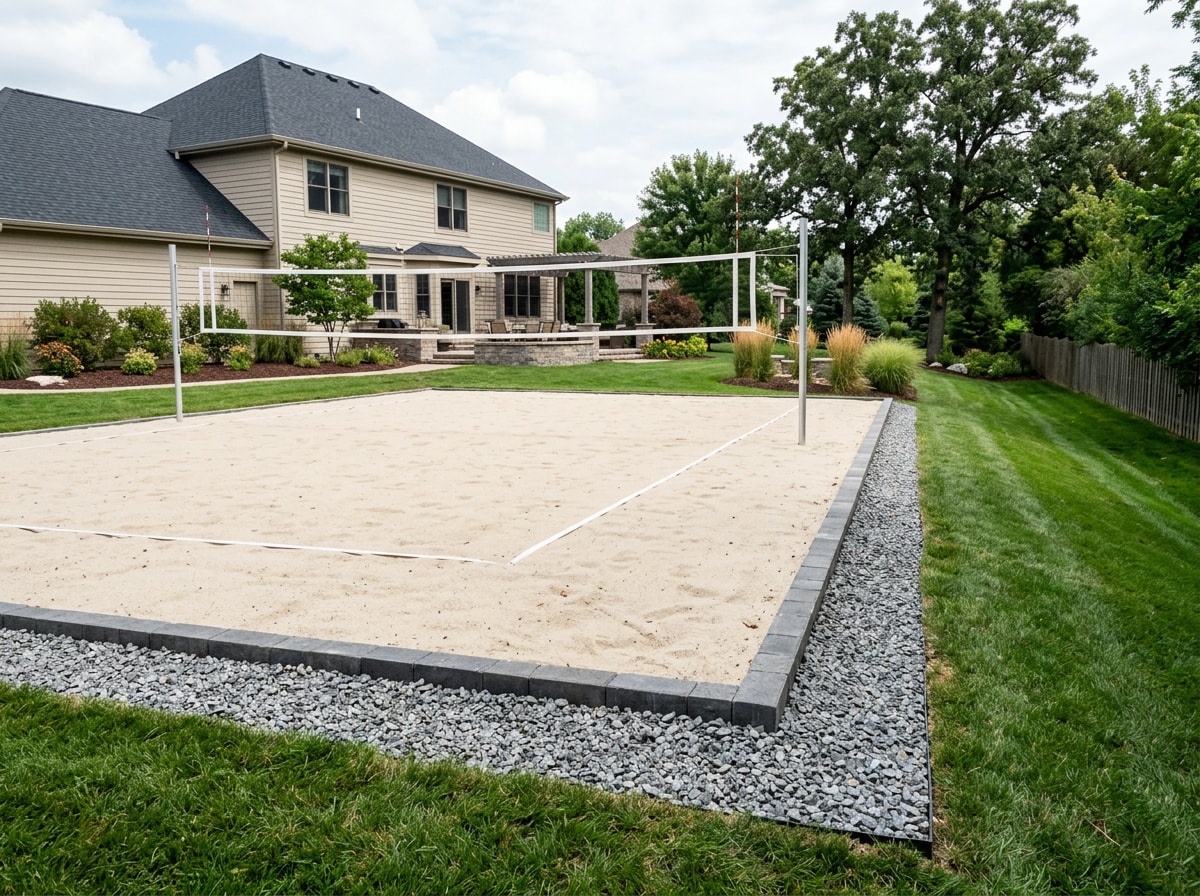 Sand landscaping area with volleyball court installed over a properly drained clay-soil base