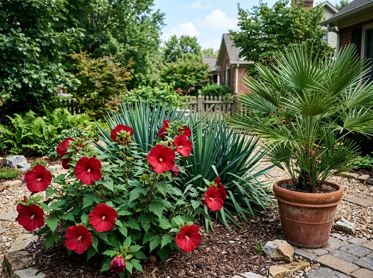 Cold-hardy hibiscus and yucca planted alongside a potted palm in a Nashville landscaping bed