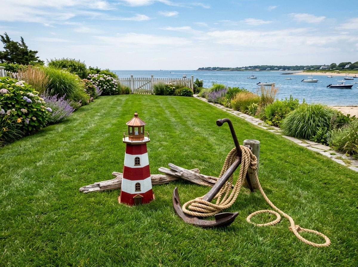 Traditional lawn decorated with nautical accents and a small light tower for a coastal theme