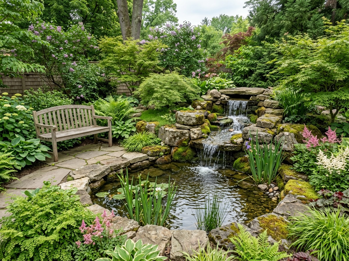 Small backyard waterfall feeding into a pond near a seating area
