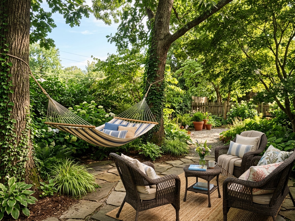 Wicker chairs and a hammock set up in a shaded beach-style backyard seating area