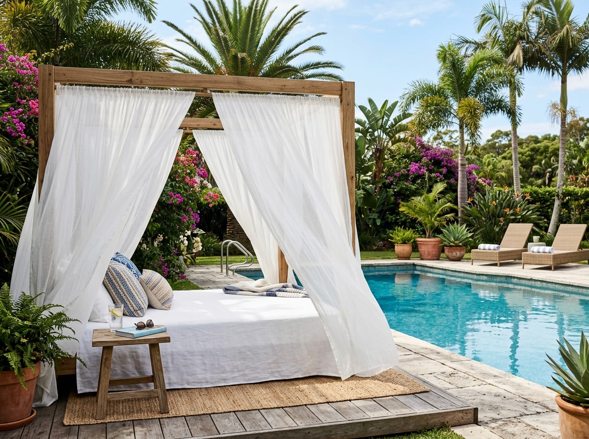 DIY beach cabana with sheer curtains set up beside a backyard pool