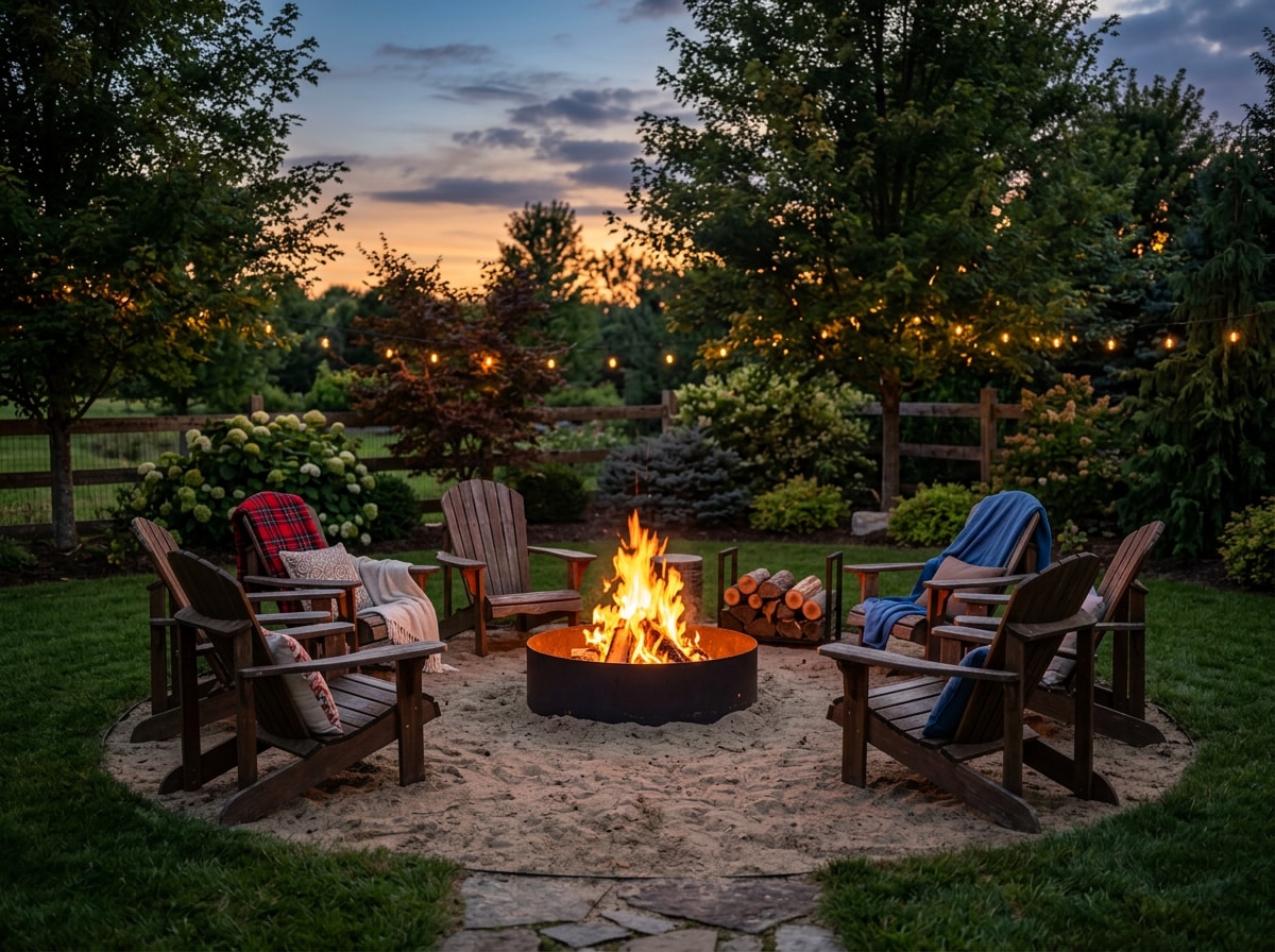 Backyard bonfire pit set into sand with seating for a beach-themed gathering spot