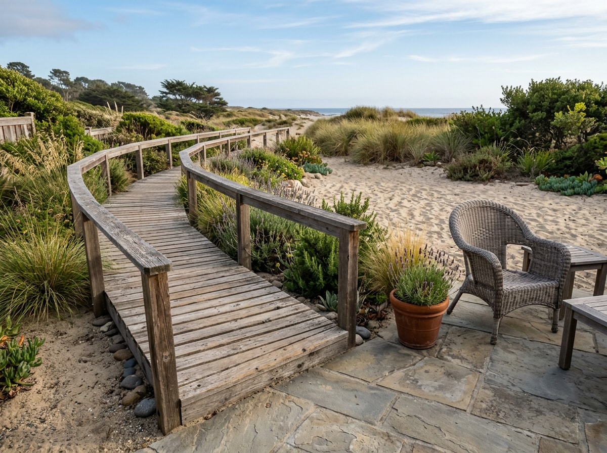 Wood-pallet boardwalk walkway connecting a patio to a sand-landscaped backyard area