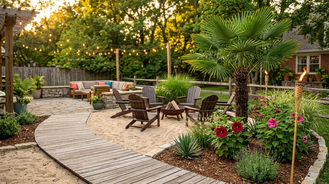 Beach-style backyard landscaping in Nashville with sand patio, palm tree, and boardwalk pathway Beach-style backyard landscaping in Nashville with sand patio, palm tree, and boardwalk pathway