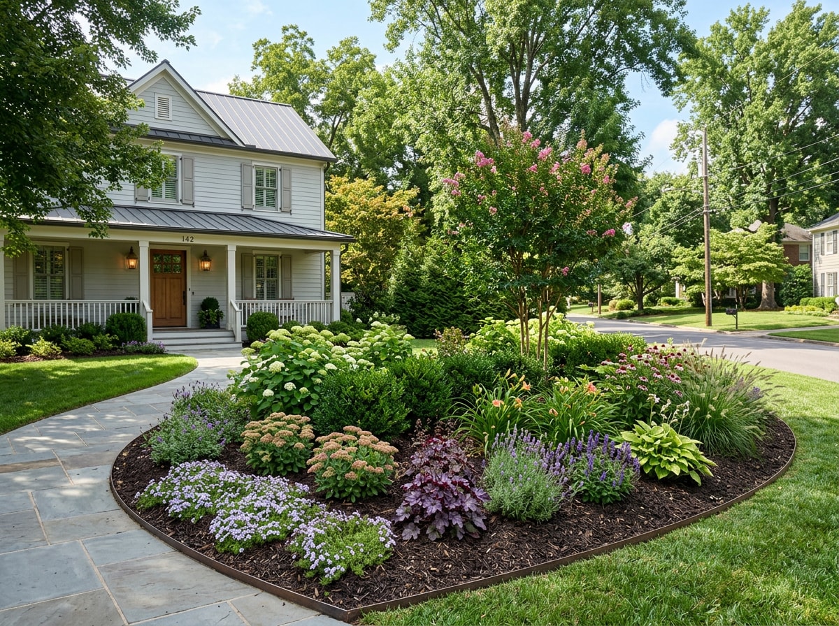 Front entry garden bed with layered plantings in a Green Hills, TN neighborhood