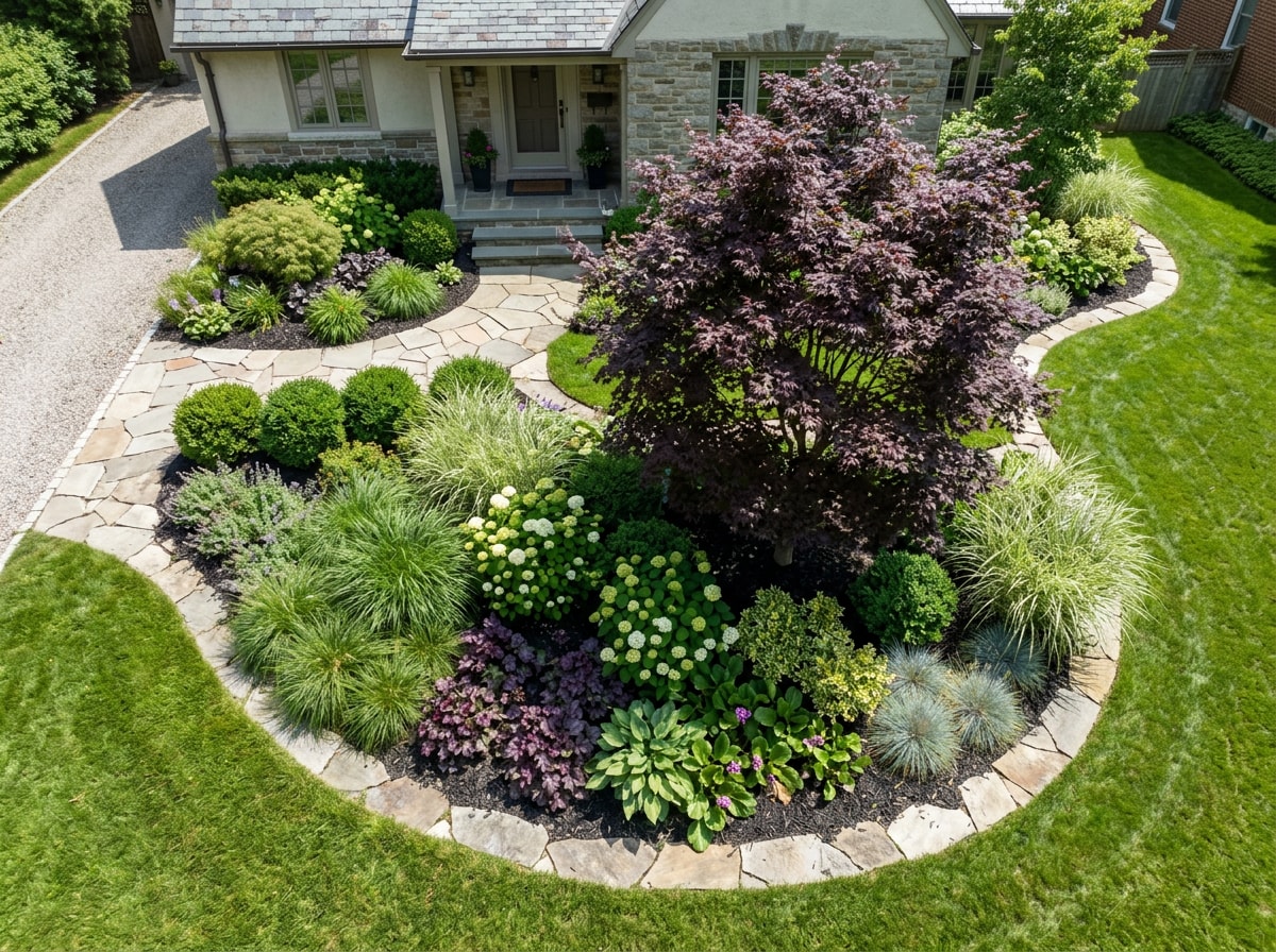 Diagram showing a front yard focal point surrounded by layered plant textures