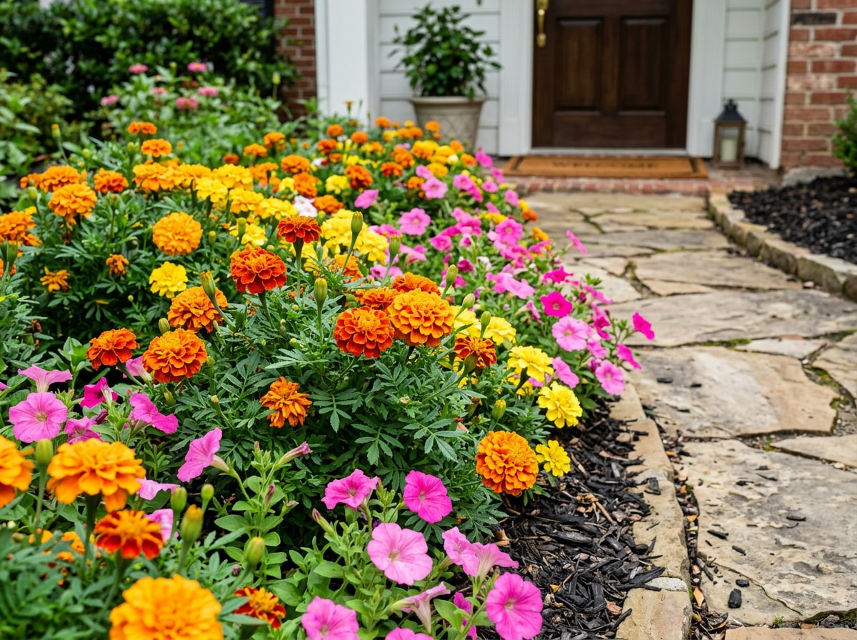 Colorful annual flower bed of marigolds and petunias along a front entry walkway
