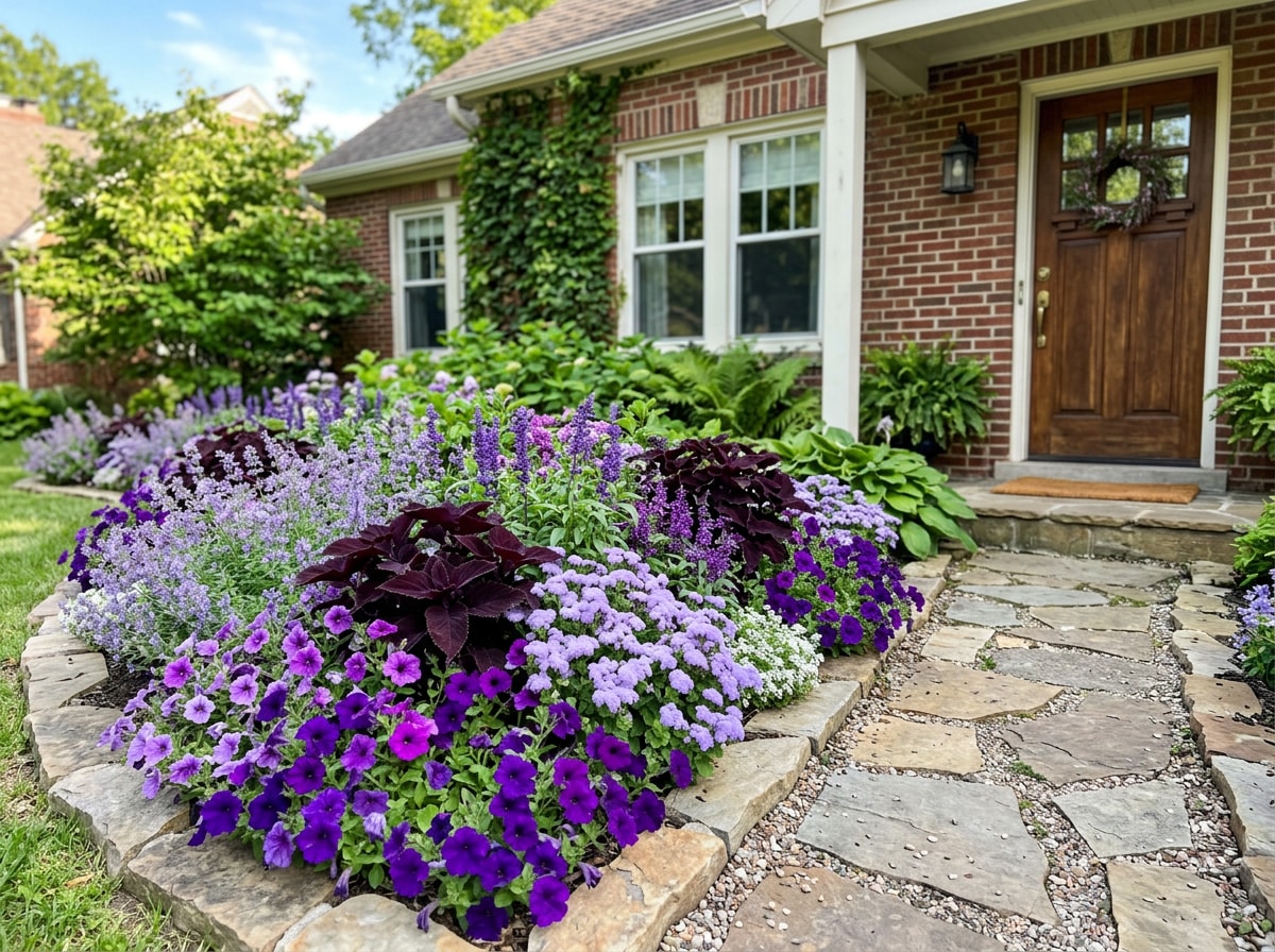 Front entry flower bed showing a coordinated purple and lavender color scheme