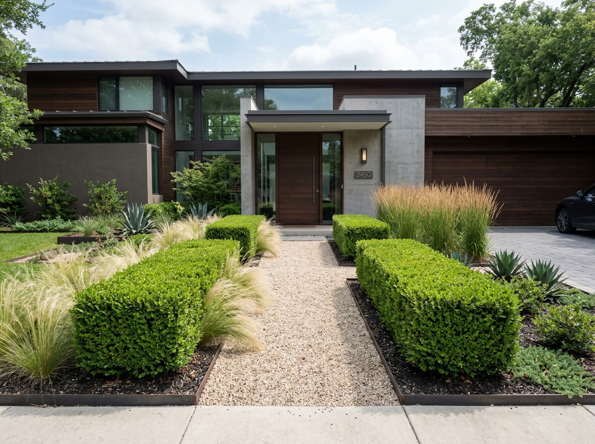 Minimalist modern front yard with geometric boxwood hedges and gravel pathway