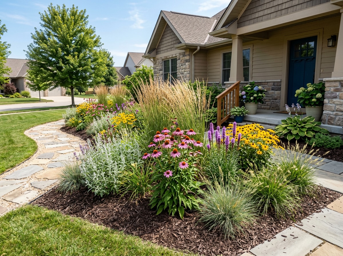 Drought-tolerant ornamental grasses and native perennials in a sunny front yard bed