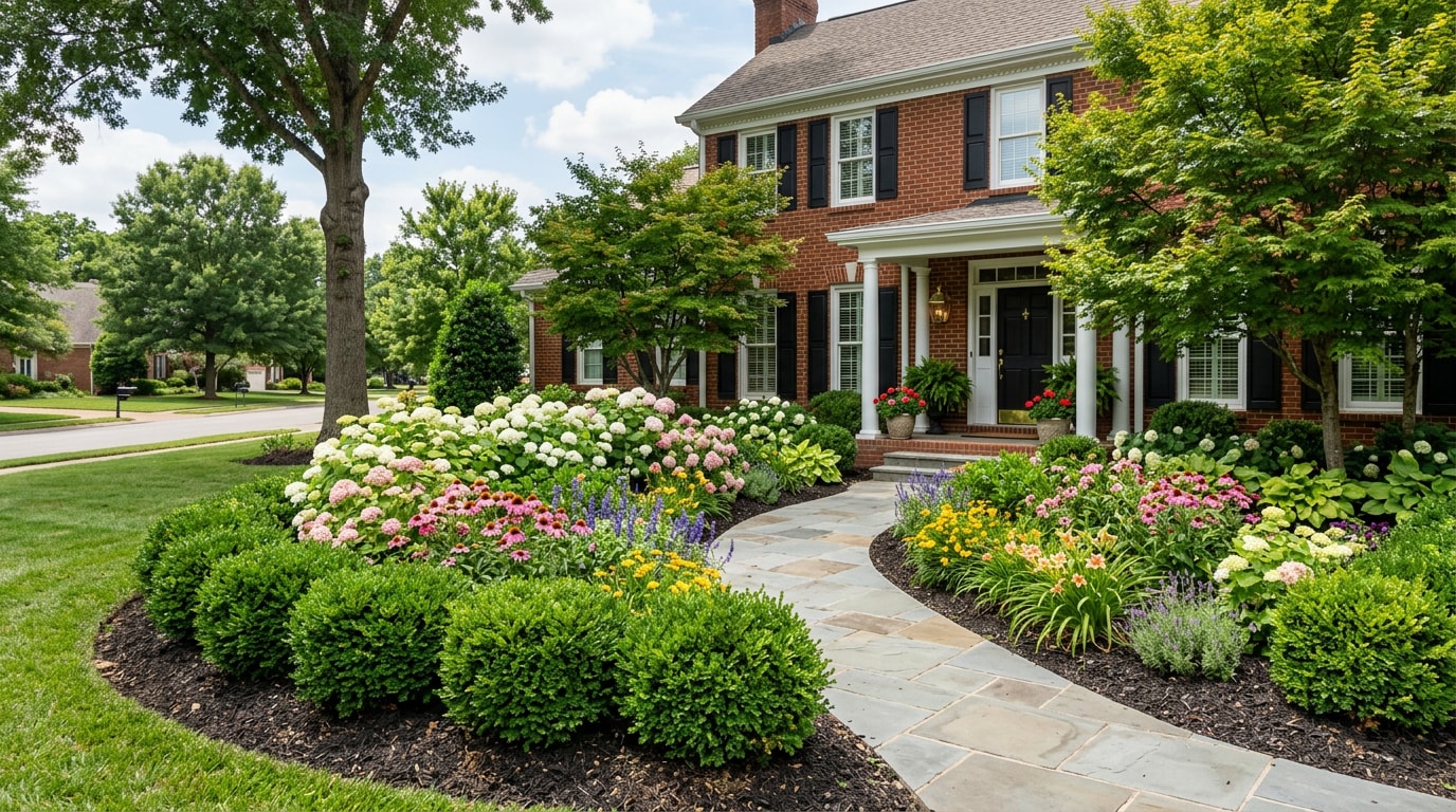 Finished front garden landscaping with layered plantings in front of a brick home in Green Hills, TN