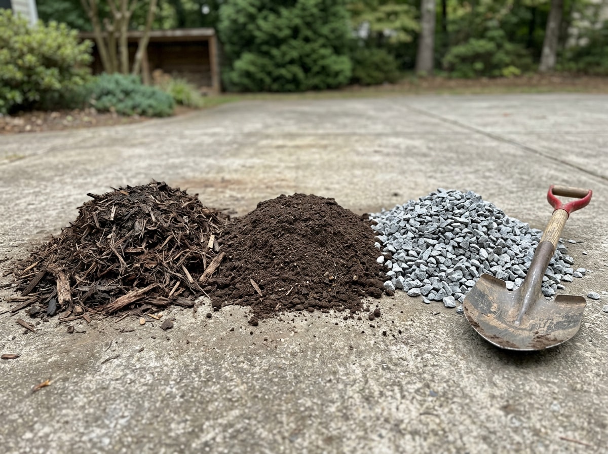 Bulk landscape materials including topsoil, mulch, and gravel samples staged for delivery in Nolensville, TN
