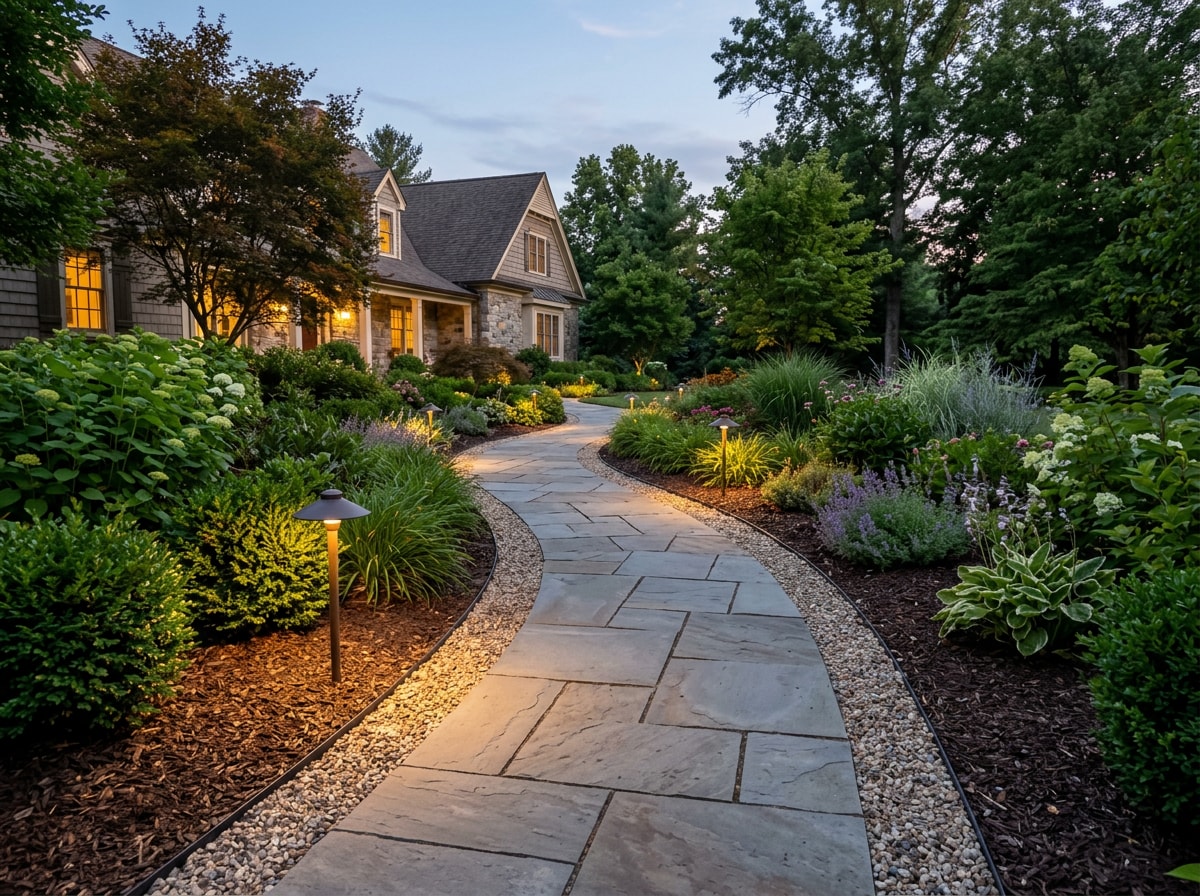 Paver walkway with crushed stone border and low-voltage path lighting fixtures installed at dusk