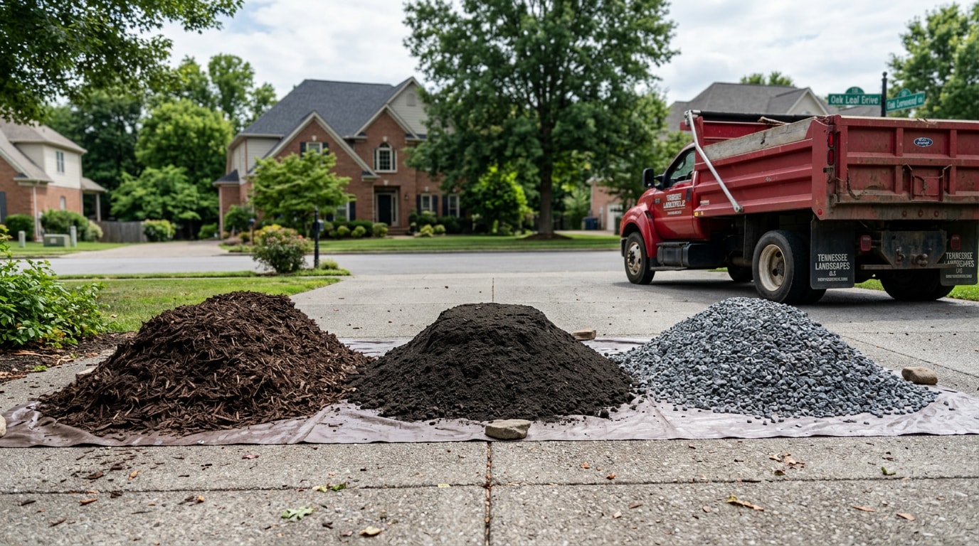 Bulk landscape material piles of mulch, topsoil, and gravel delivered to a Nolensville, TN driveway