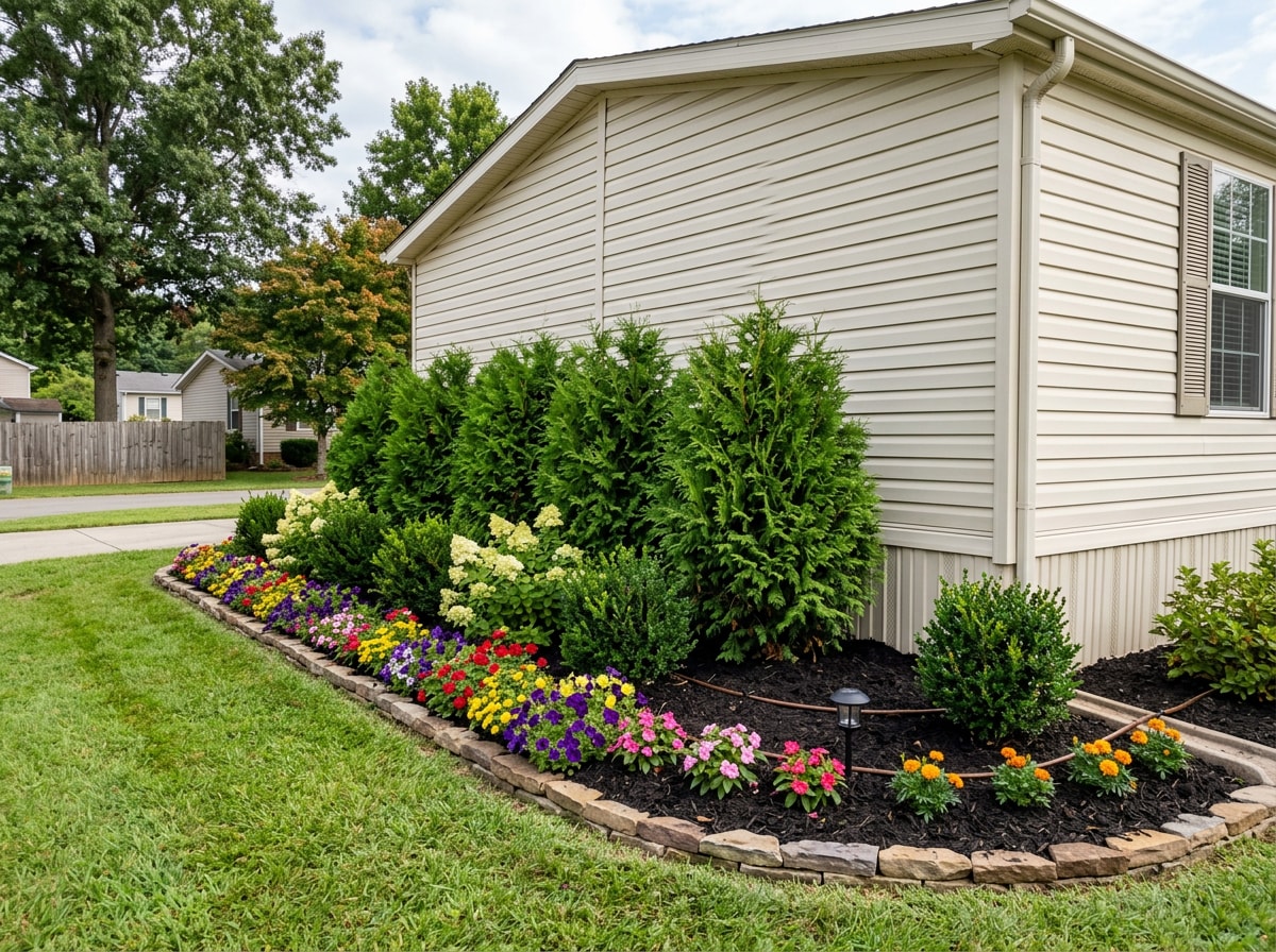 Tiered foundation planting bed with layered shrubs and flowers along mobile home skirting