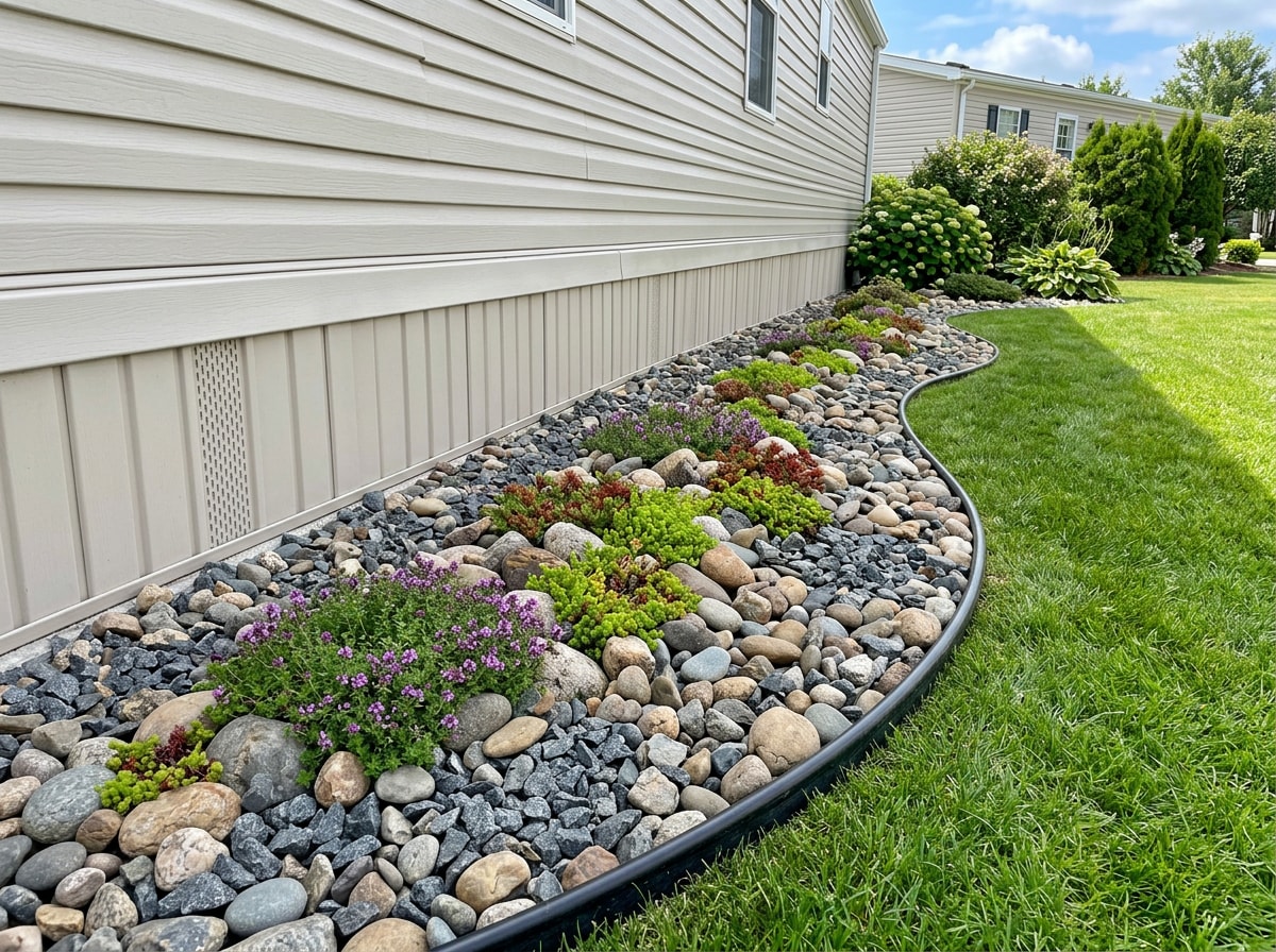 Rock garden border with decorative stone and ground cover plants around mobile home skirting