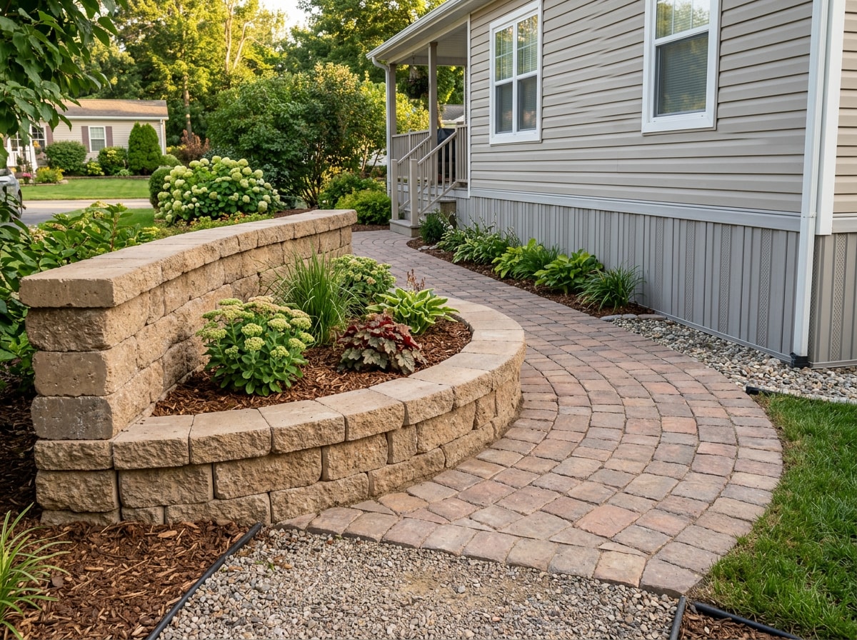 Retaining wall and walkway combination leading to mobile home skirting