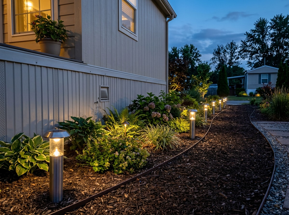 Solar pathway lights illuminating a walkway and skirting at dusk