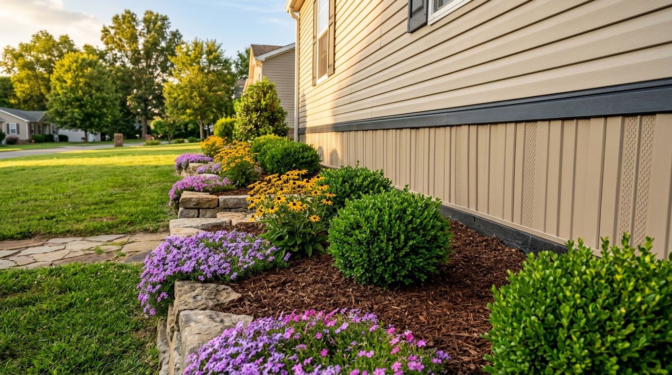 Landscaped mobile home skirting with foundation plants and mulch bed in Forrest Hills, TN