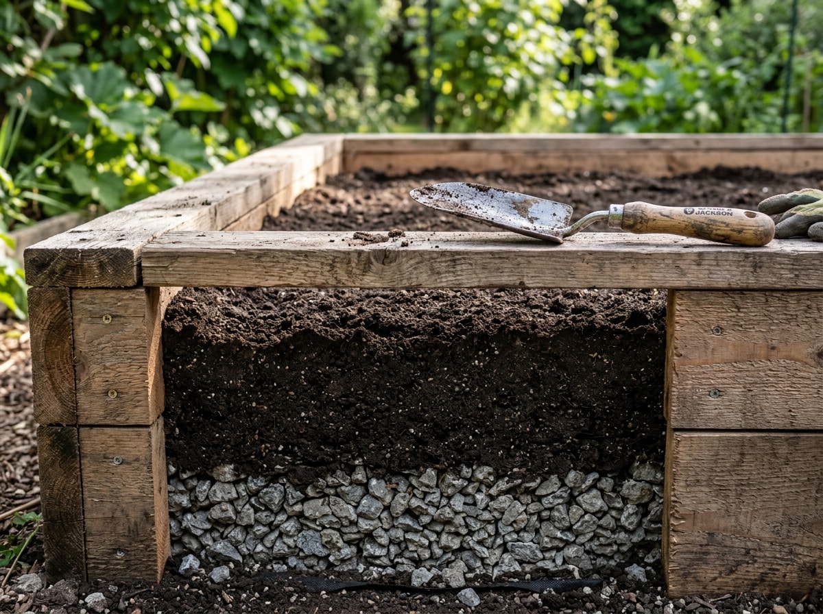 Raised garden bed under construction showing layered gravel and amended soil before lavender planting