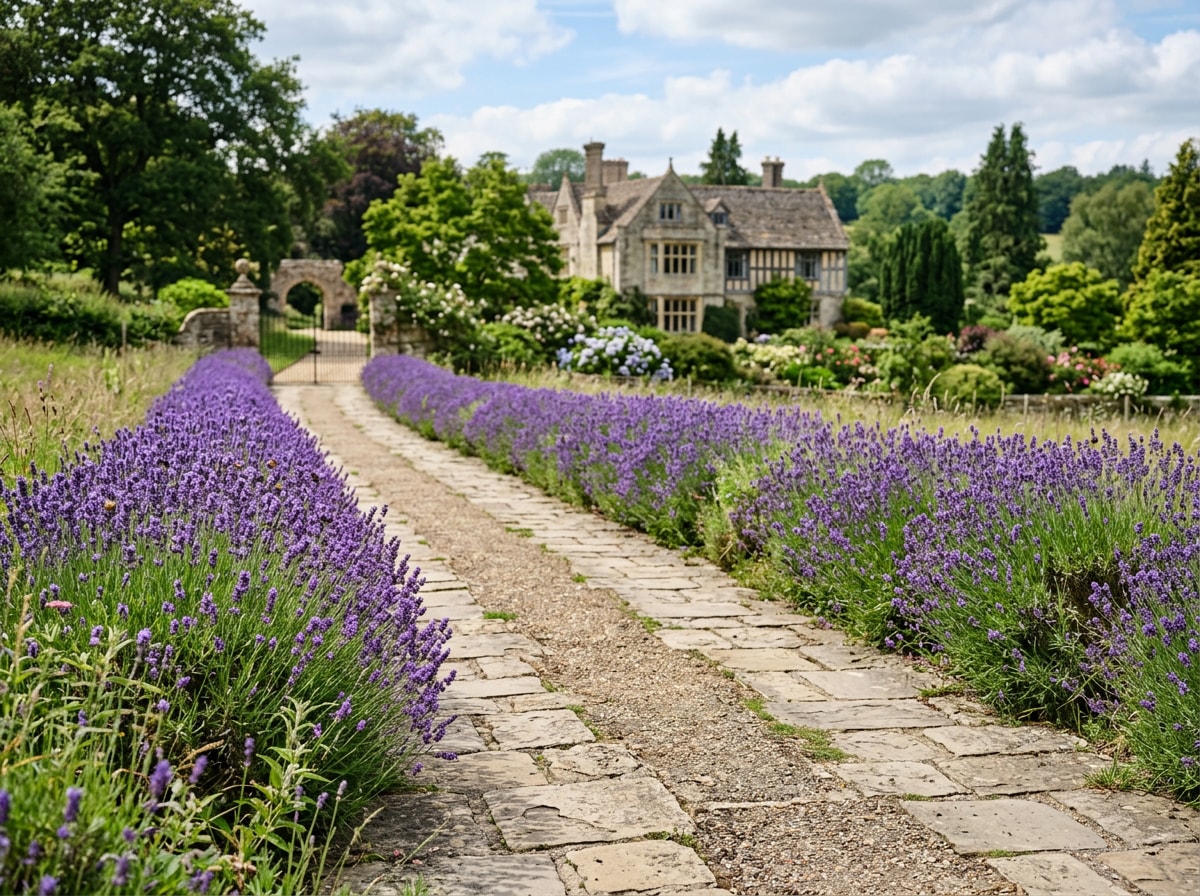 Lavender-lined driveway edge with purple blooms against stone paving on an estate-style lot
