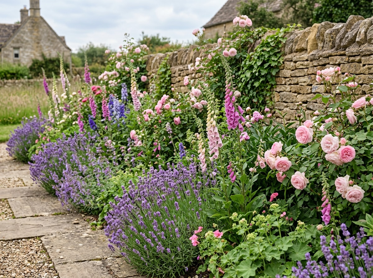 Cottage-style mixed border combining lavender with roses and foxglove near a stone wall