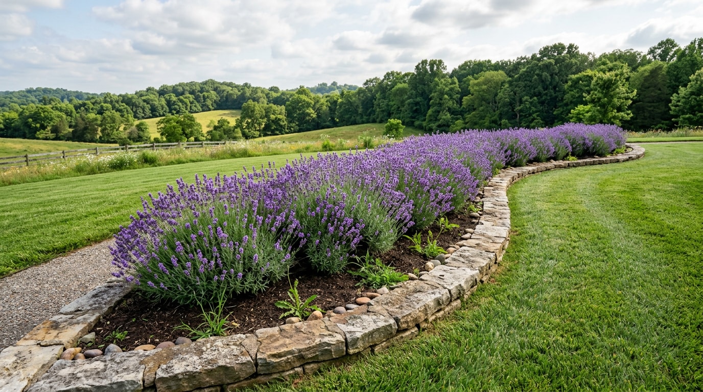 Raised stone-edged lavender bed on a sunny Belle Meade estate lawn
