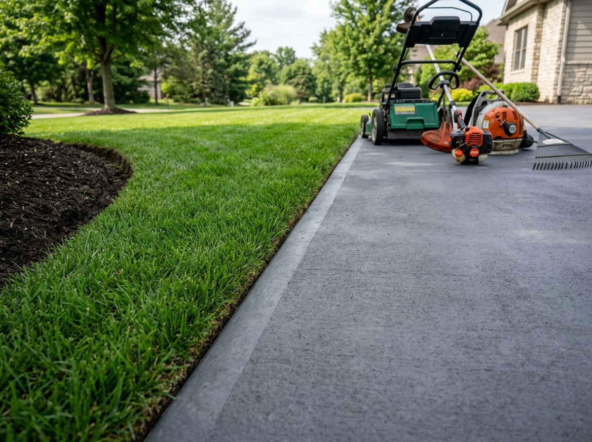 Lawn care crew edging and blowing off a driveway after mowing a Brentwood yard