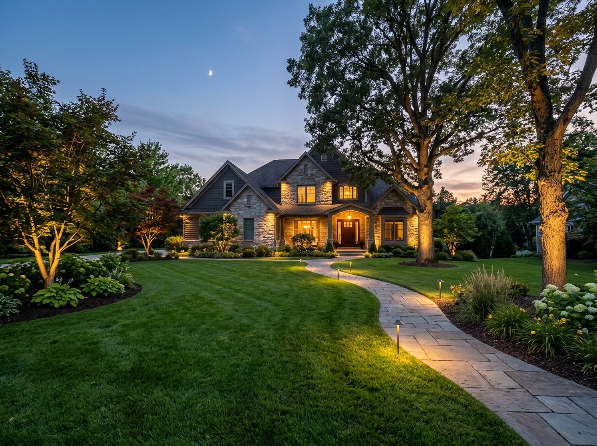 Landscape lighting illuminating a manicured Brentwood lawn at dusk