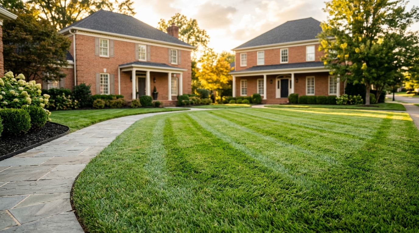 Freshly mowed lawn with crisp stripe pattern in a Brentwood, TN front yard