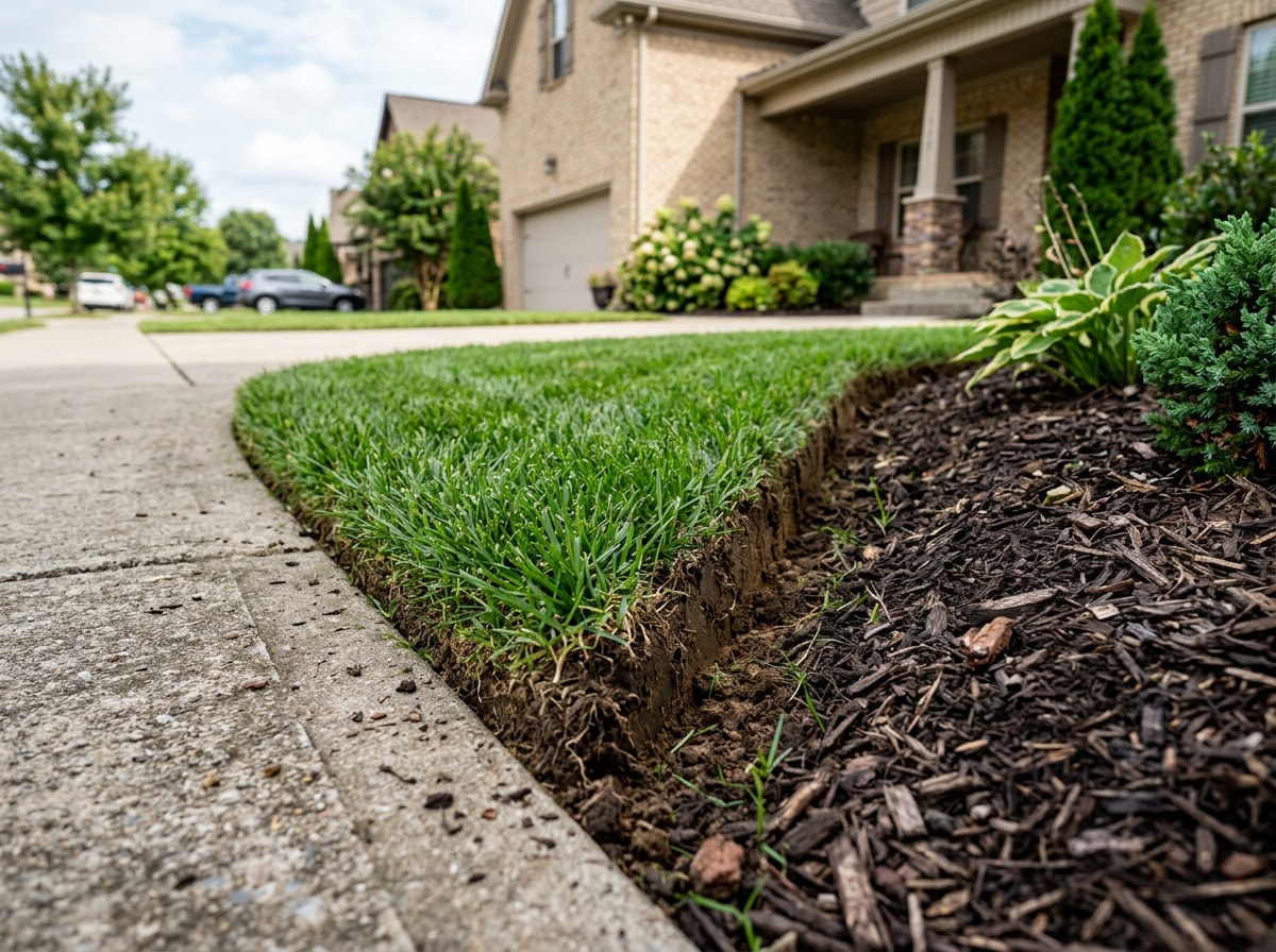 Freshly cut lawn edging border separating grass from a mulched flower bed in a Franklin, TN yard