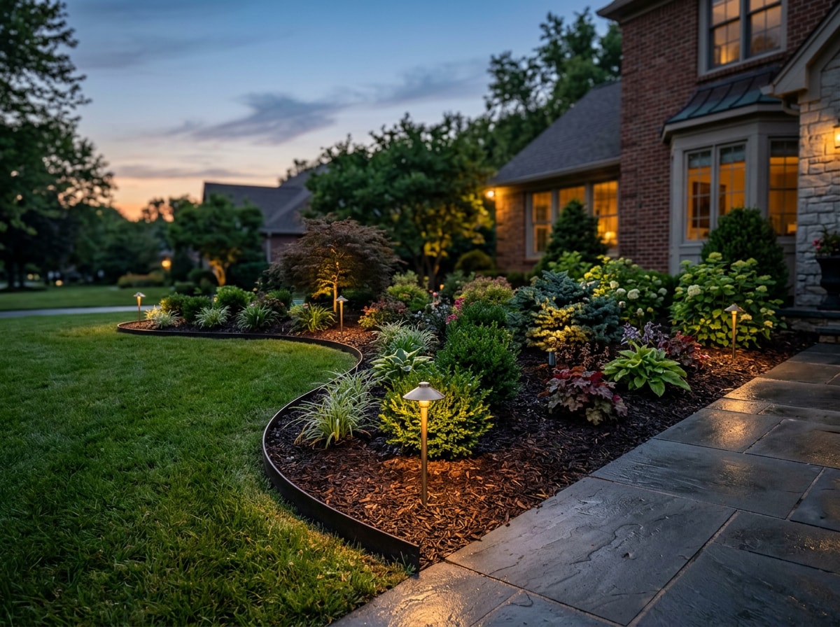 Landscape lighting fixtures illuminating a freshly edged garden bed border at dusk