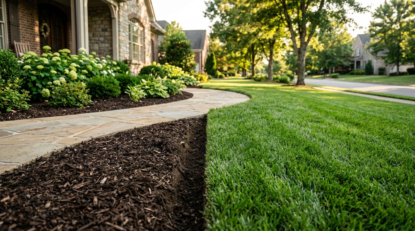 Freshly edged lawn border in a Franklin, TN front yard with a clean line between grass and mulch bed