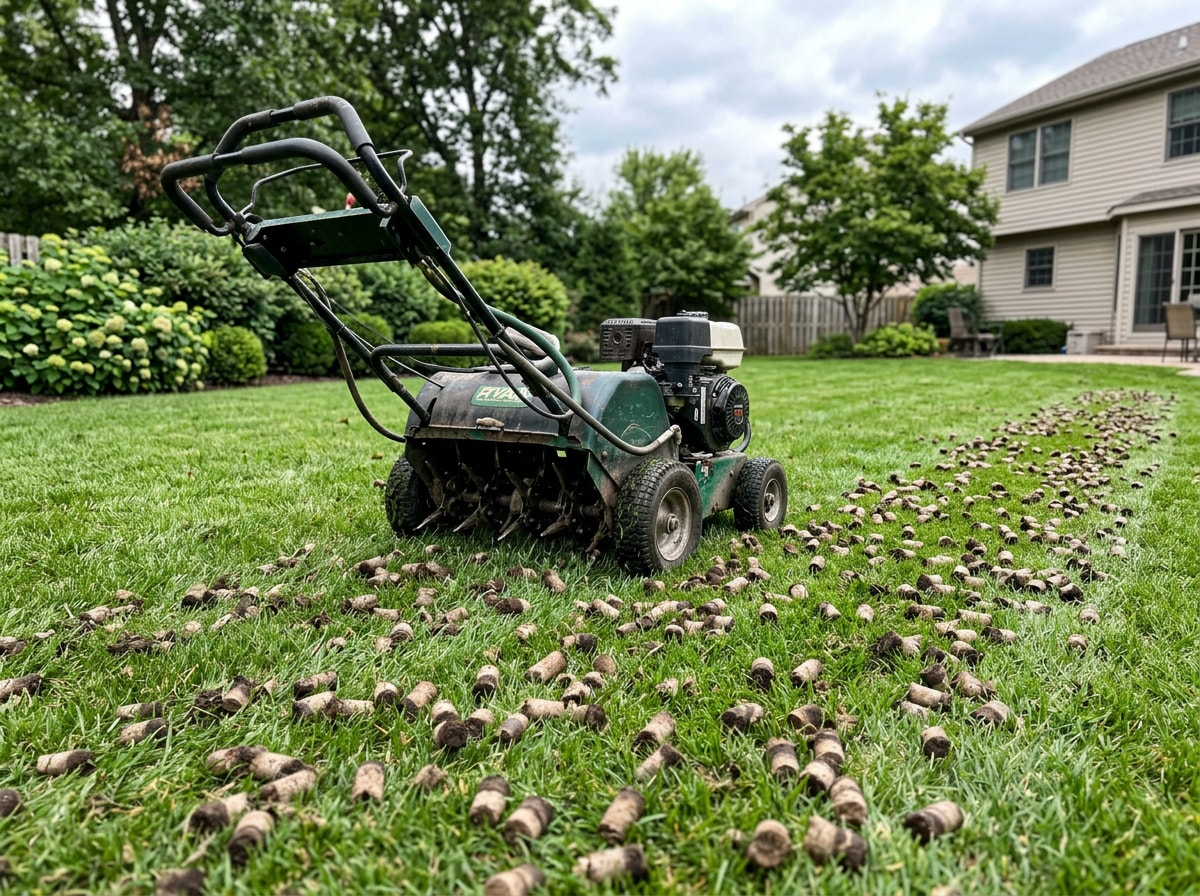 Core aeration machine pulling soil plugs from a compacted lawn in Thompsons Station, TN