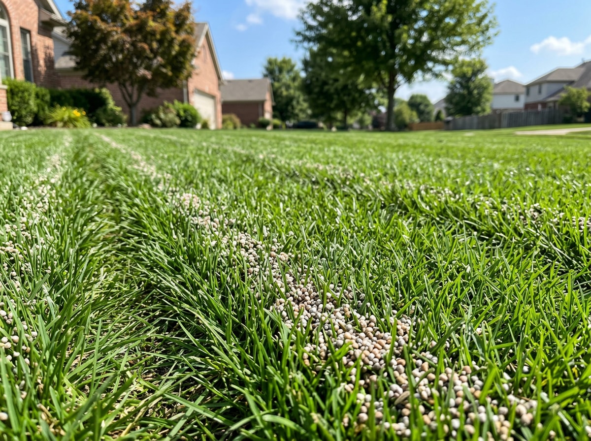 Granular fertilizer being applied to a fescue lawn in Thompsons Station, TN