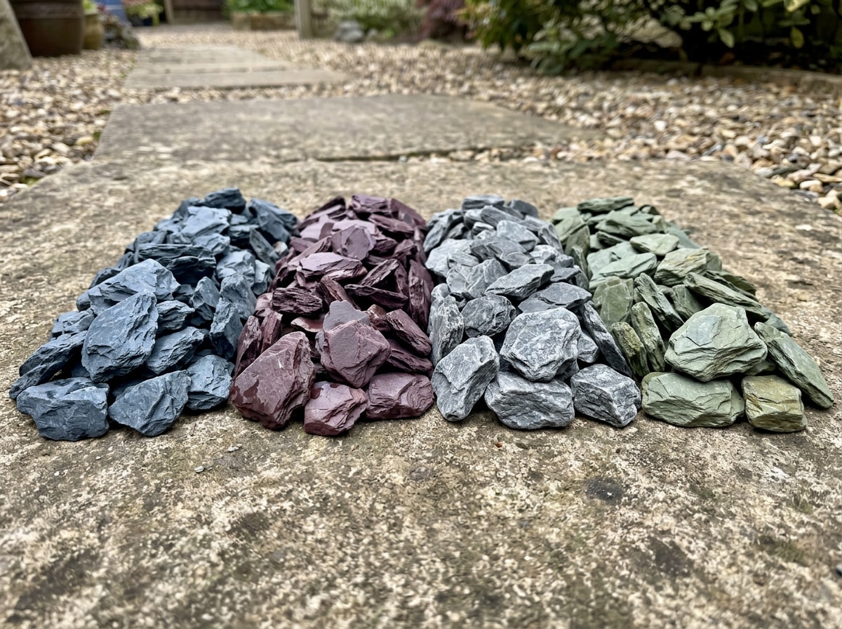Comparison of slate chip sizes and colors including blue slate, plum slate, and gray slate chips