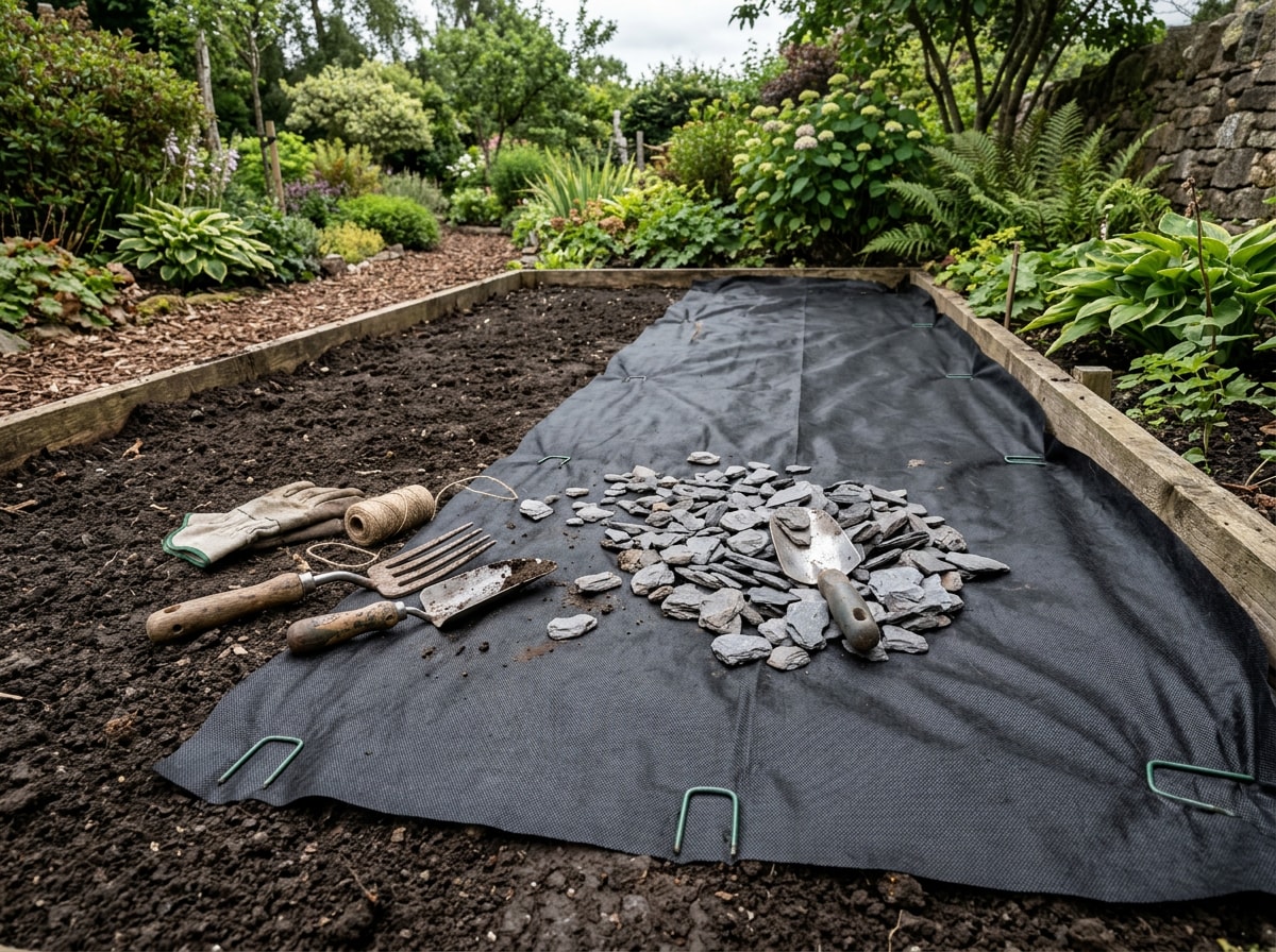 Landscape fabric and weed barrier being installed before a layer of slate chips