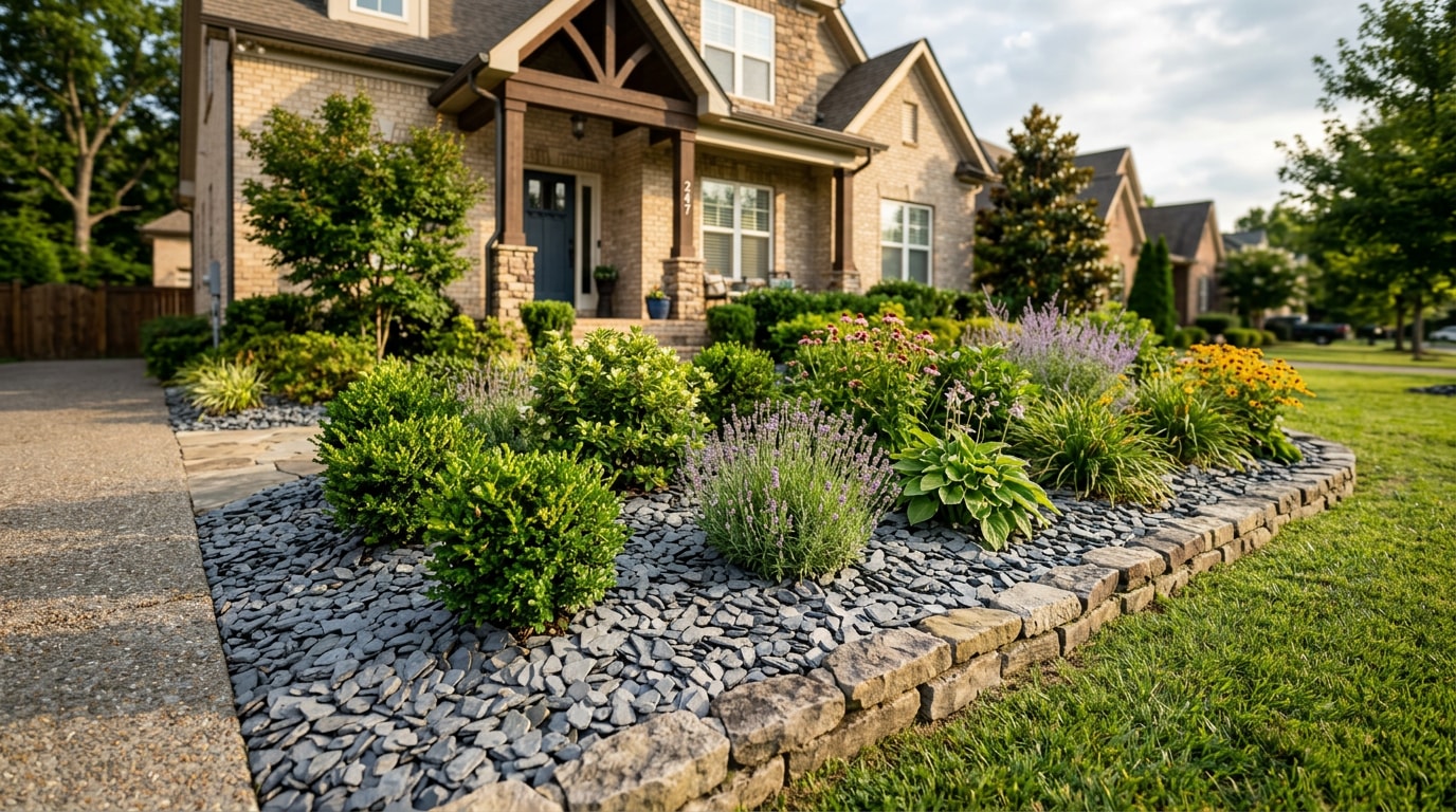 Finished garden bed landscaped with gray slate chips in a Green Hills, TN front yard