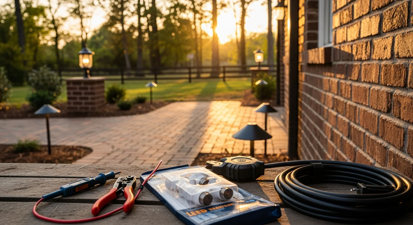 Technician performing maintenance on outdoor landscape lighting system