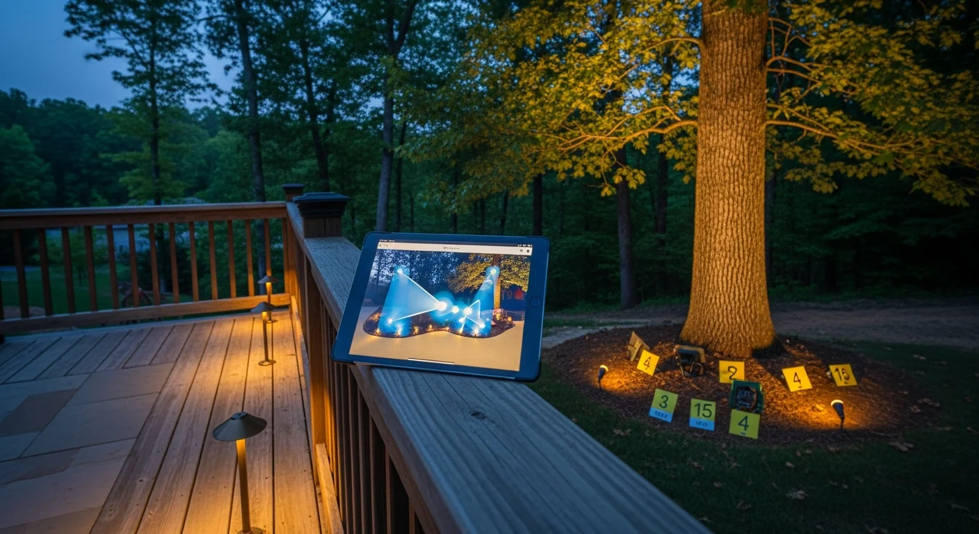 A detailed landscape lighting rendering laid over a Franklin, TN residential property, showing fixture placement markers, beam coverage zones, and light layers across a wooded front yard and stone-facade home. The plan maps pathway lights, tree uplights, and architectural accent points before installation begins.