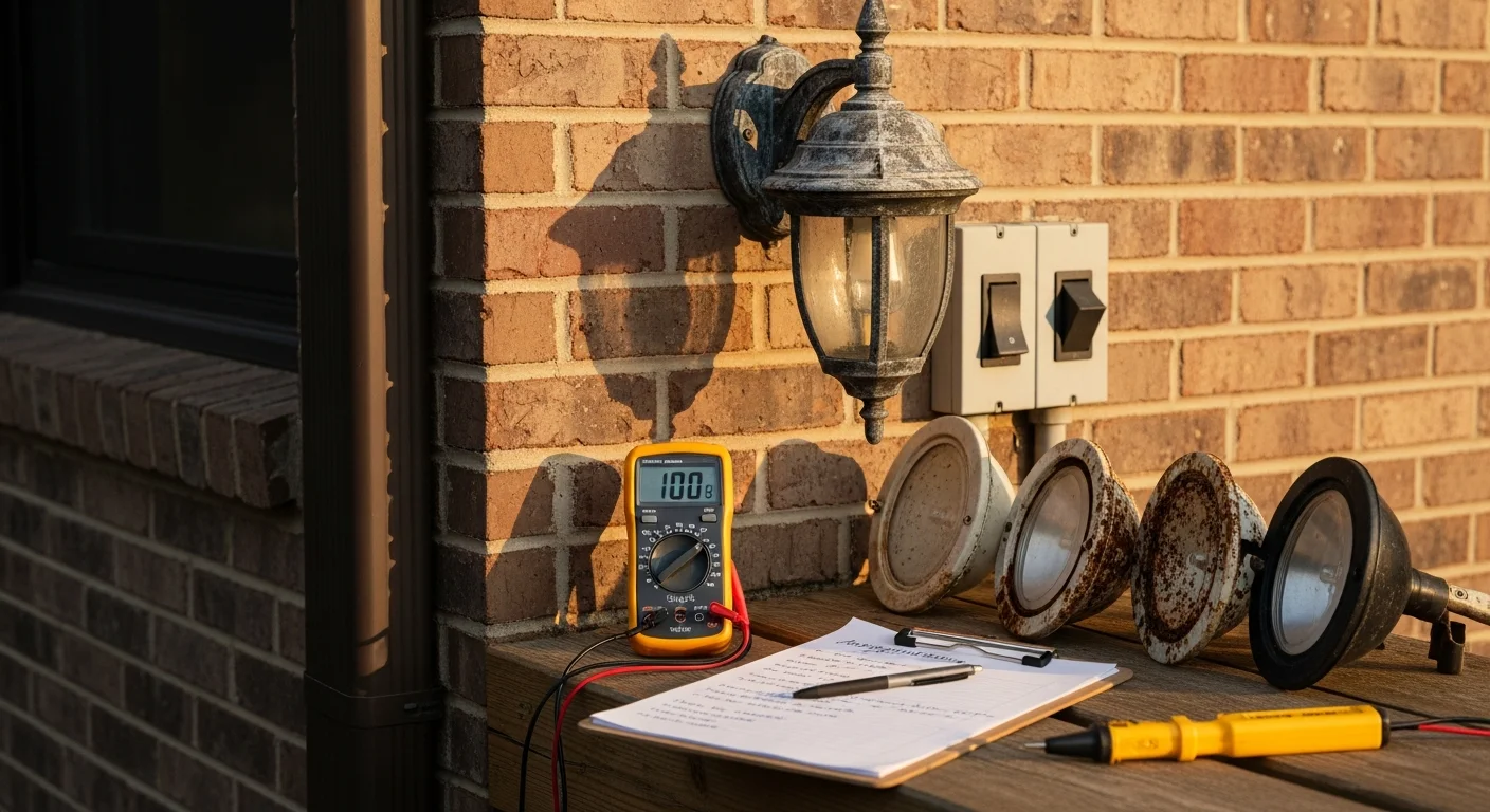 A Homelight Nashville technician inspecting an outdoor lighting fixture at a Franklin, TN residential property, checking wiring connections and fixture condition along a landscaped front walkway.