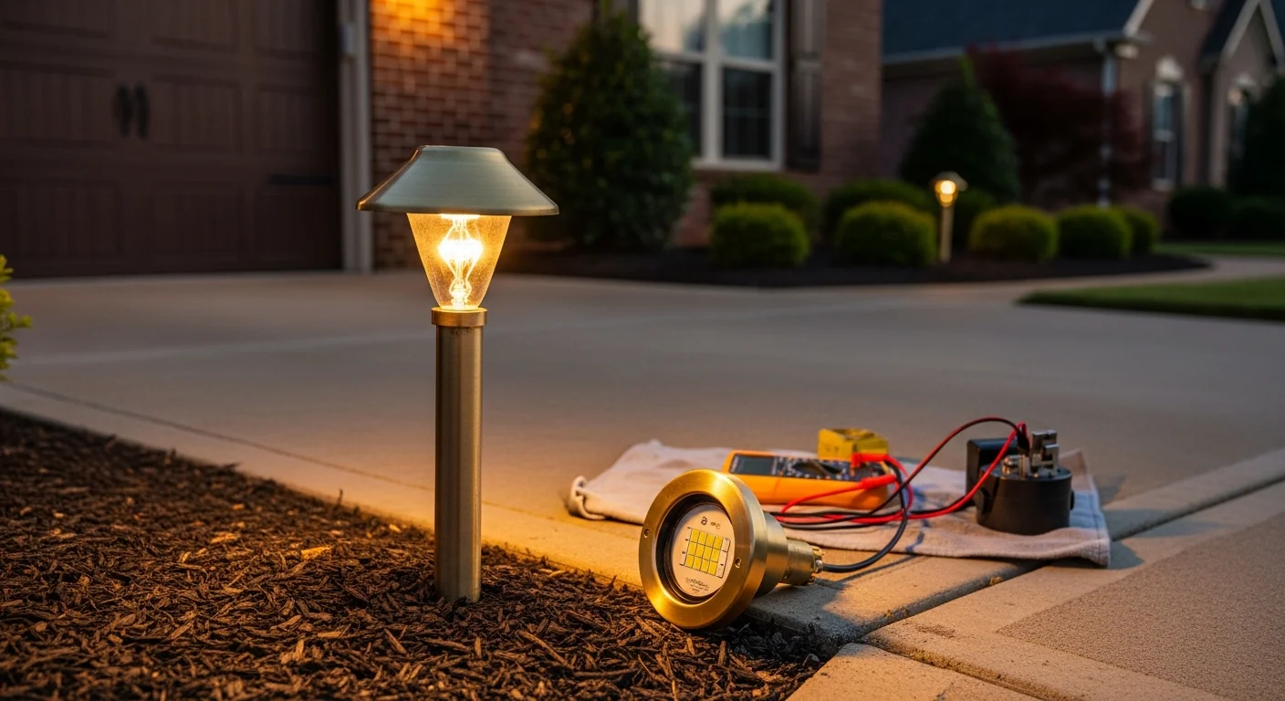 A Homelight Nashville technician inspecting and cleaning a low-voltage landscape fixture along a residential walkway in Franklin, TN. Pathway lights and garden accent fixtures are visible along a manicured front yard at dusk.